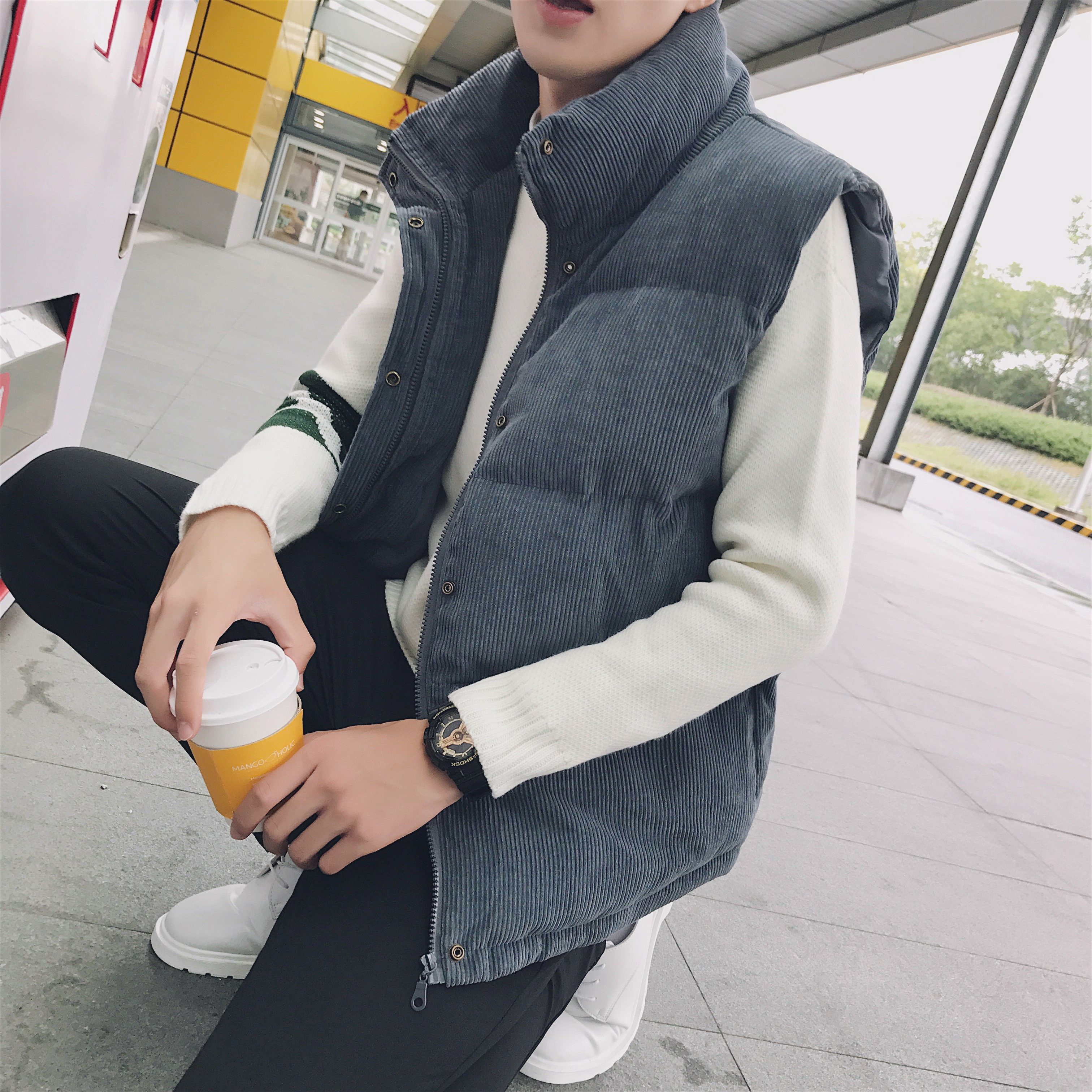 旋律風車男士馬甲秋鼕韓版潮流燈芯絨立領帥氣棉馬甲無袖加厚外套