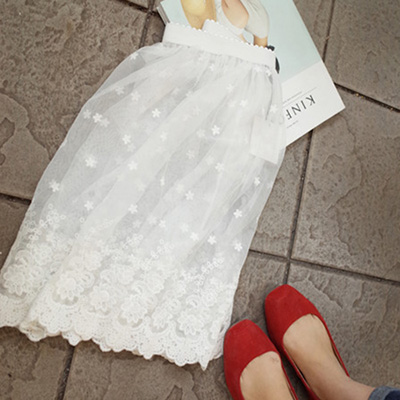 自制 韓國超美透明網紗繡花蕾絲松緊腰半身裙長款打底裙罩裙