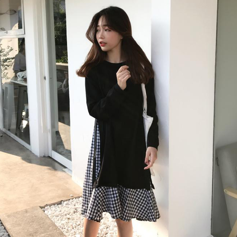 2017新款秋裝韓版寬松格子拼接假兩件中長款長袖衛衣連衣裙顯瘦女