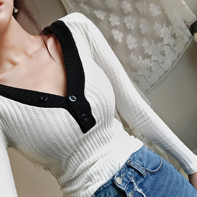 长袖上衣女秋装女2018新款显瘦v领拼色t恤秋季紧身打底衫性感女装-淘宝网 长袖上衣女秋装女2018新款显瘦v领拼色t恤秋季紧身打底衫性感女装-淘宝网