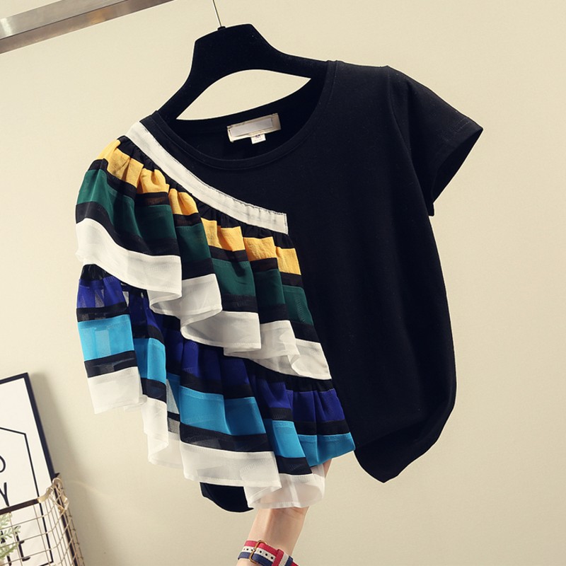 l'équipage cou à manches courtes t-shirt des femmes en 2019 robe d'été nouvelle version coréenne de la moitié des manches en jacquard volant bord imprimé floral slim compassion marée l'équipage cou à manches courtes t-shirt des femmes en 2019 robe d'été nouvelle version coréenne de la moitié des manches en jacquard volant bord imprimé floral slim compassion marée
