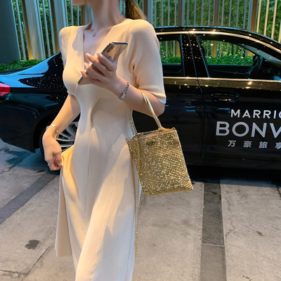 ByYou 夏季气质V领针织连衣裙女短袖2020新款收腰显