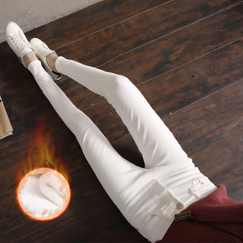 秋鼕韓版加厚白色彈力牛仔褲女九分褲加絨保暖小腳褲學生鉛筆長褲