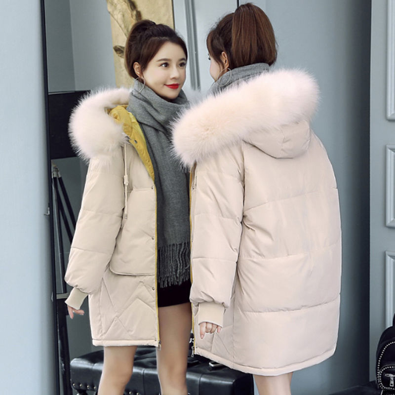 Down padded jacket 2020 new large fur collar Korean loose mid-length padded jacket women's thick bread student jacket