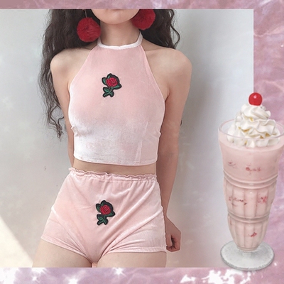 【包邮】丝绒玫瑰刺绣贴背心吊带肚兜高腰露脐短裤打底裤套装-淘宝网