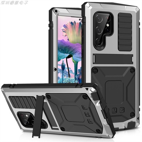 Silver — Metal 360 Degrees Full Protection Three Layer Heavy Duty With Kickstand S23, S23 Plus, S23 Ultra Samsung Phone Case