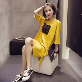 夏女装韩版短袖牛奶丝印花时尚T恤女士学生中长款时尚潮流上衣