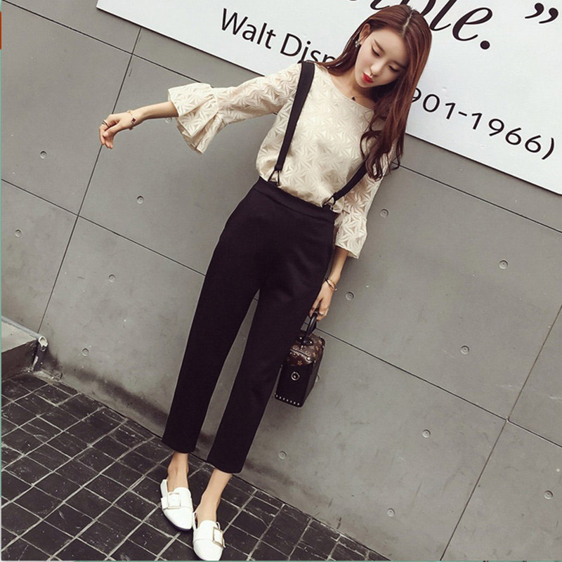 2017秋季新款韓版女裝休閑寬松背帶褲九分褲兩件套黑色顯瘦套裝女