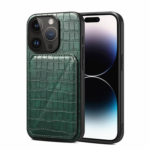 Green — Crocodile Synthetic Leather Creative Kickstand Folding Stand Card Holder 15, 15 Plus, 15 Pro, 15 Pro Max iPhone Case