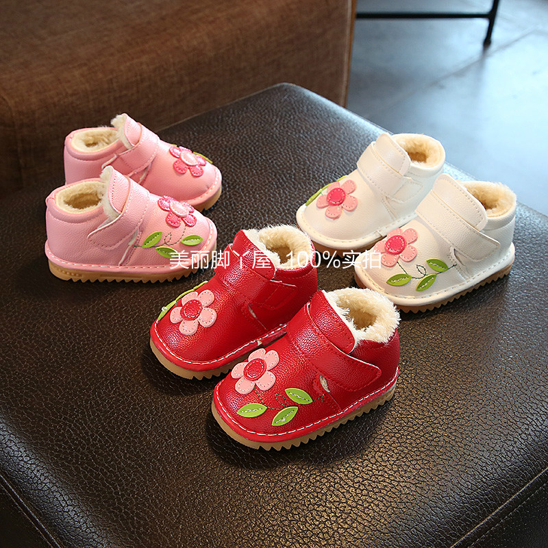 鼕季款嬰幼兒加絨小皮鞋0-1-2歲女寶寶棉鞋子軟底女童公主雪地靴