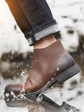 秋冬雨季中帮防水透气头层牛皮手工缝线皮靴男真皮靴复古工装男鞋