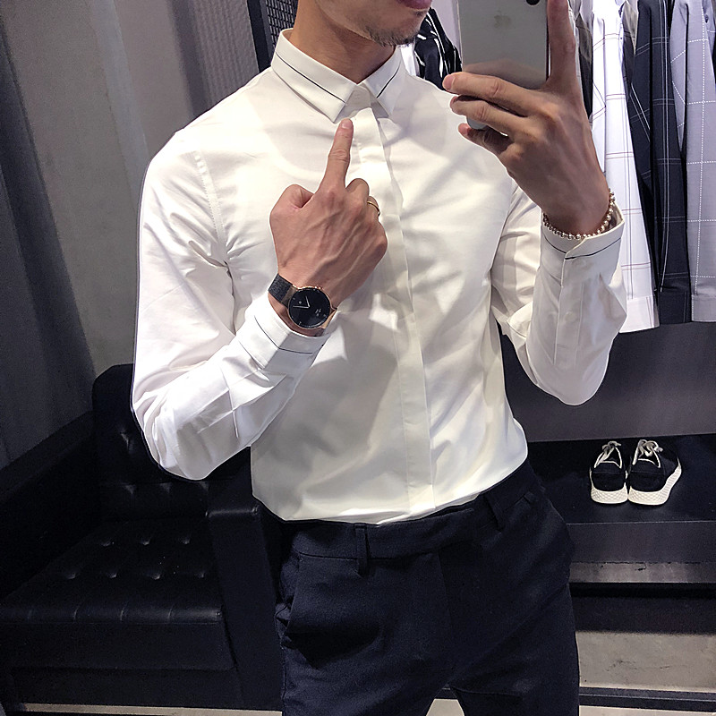 printemps-été des hommes version coréenne de slim, de couleur unie dissimulé bouton de chemise à manches longues de la tendance de l'entreprise, col blanc de carrière shirt beau pouces shirt printemps-été des hommes version coréenne de slim, de couleur unie dissimulé bouton de chemise à manches longues de la tendance de l'entreprise, col blanc de carrière shirt beau pouces shirt