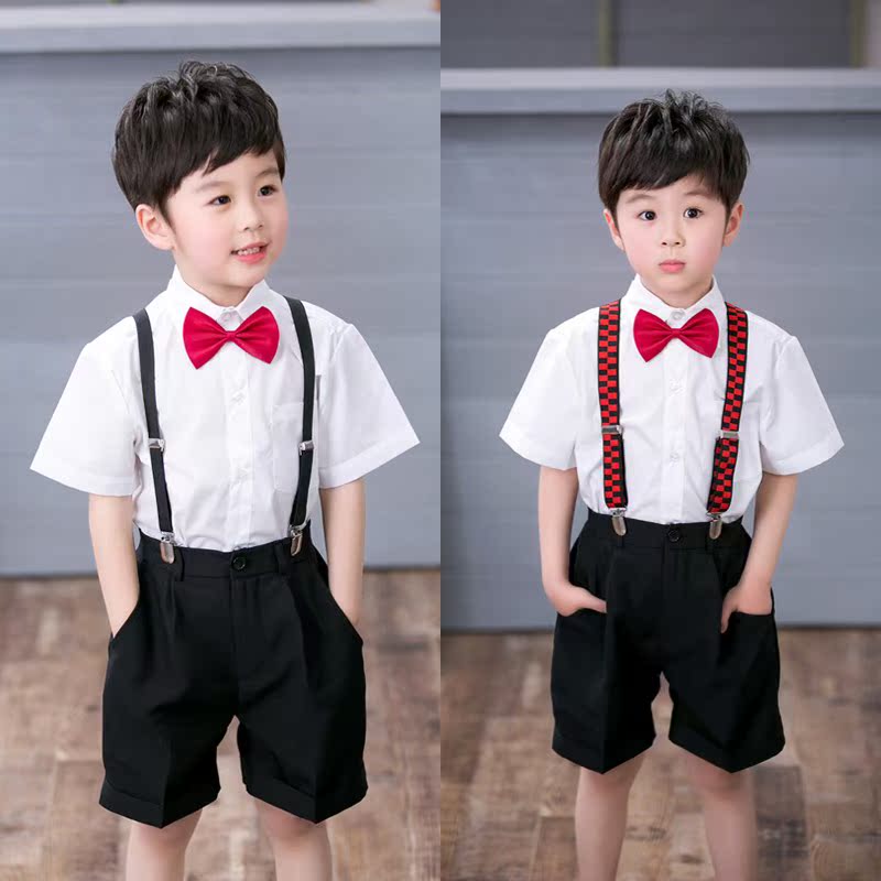 les garçons interprète vêtements sangle pantalon blanc, chemise à manches courtes costume noir shorts enfants de la robe de costumes de spectacles les garçons interprète vêtements sangle pantalon blanc, chemise à manches courtes costume noir shorts enfants de la robe de costumes de spectacles