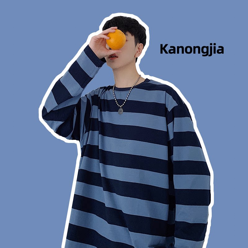 เสื้อแขนยาว 2019秋季新款ins条纹长袖T恤男潮牌嘻哈潮流港风宽松打底衫慵懒风  