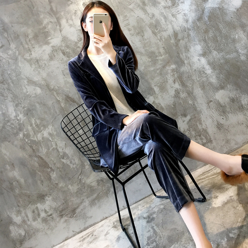 套裝2017秋鼕外套女裝韓國金絲絨小西裝寬松氣質時尚中長款兩件套