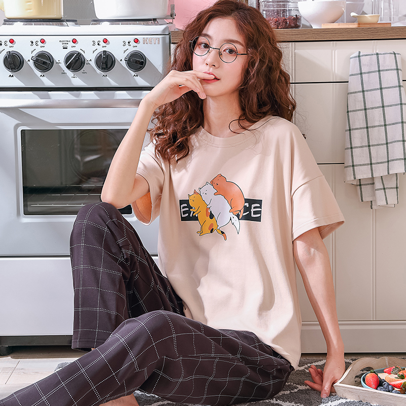 manches manches longues pantalon de pyjama d'été de sexe féminin pur coton dessin animé de deux pièces de l'ensemble d'été dames mignonne et douce à la maison des vêtements féminins costume manches manches longues pantalon de pyjama d'été de sexe féminin pur coton dessin animé de deux pièces de l'ensemble d'été dames mignonne et douce à la maison des vêtements féminins costume