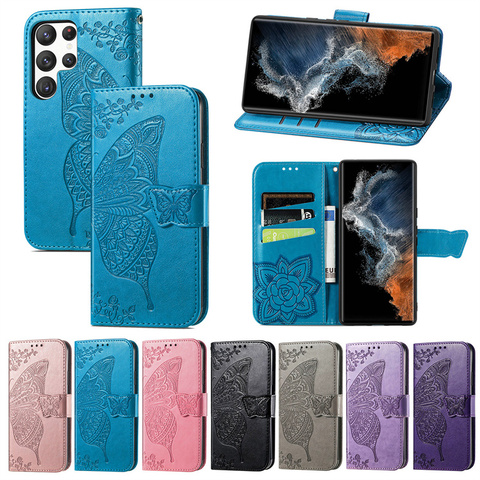 Embossed Butterfly Girls Wallets Folio Flip Magnetic Synthetic Leather Card Holder Folding Stand S23, S23 Plus, S23 Ultra