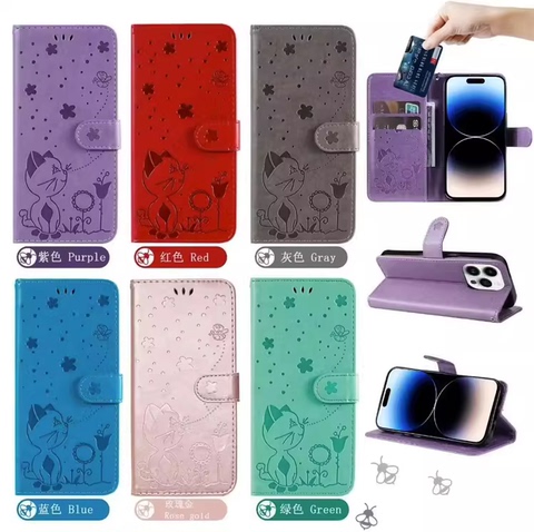 Girls – Note 13, Note 13 Pro, Note 13 Pro+ Creative Cartoon Cat Card Holder Kickstand Folding Stand Synthetic Leather Phone