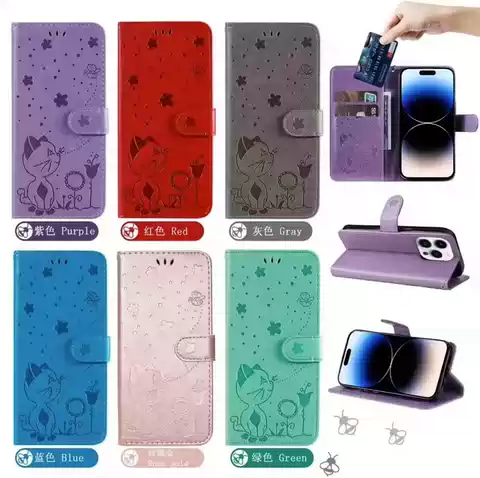Girls – Xiaomi Redmi Note 13, Note 13 Pro, Note 13 Pro+ Phone Cases Covers Creative Cartoon Cat Card Holder Kickstand Folding Stand Synthetic Leather
