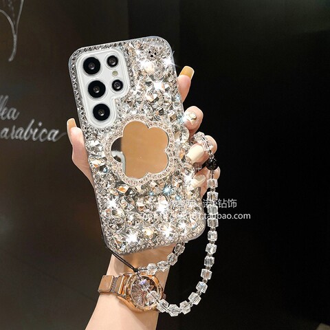 Flower — Girls Shiny Rhinestone Diamond Bling Luxury Chic With Wrist Lanyard Strap S23, S23 Plus, S23 Ultra, S22, S22 Plus