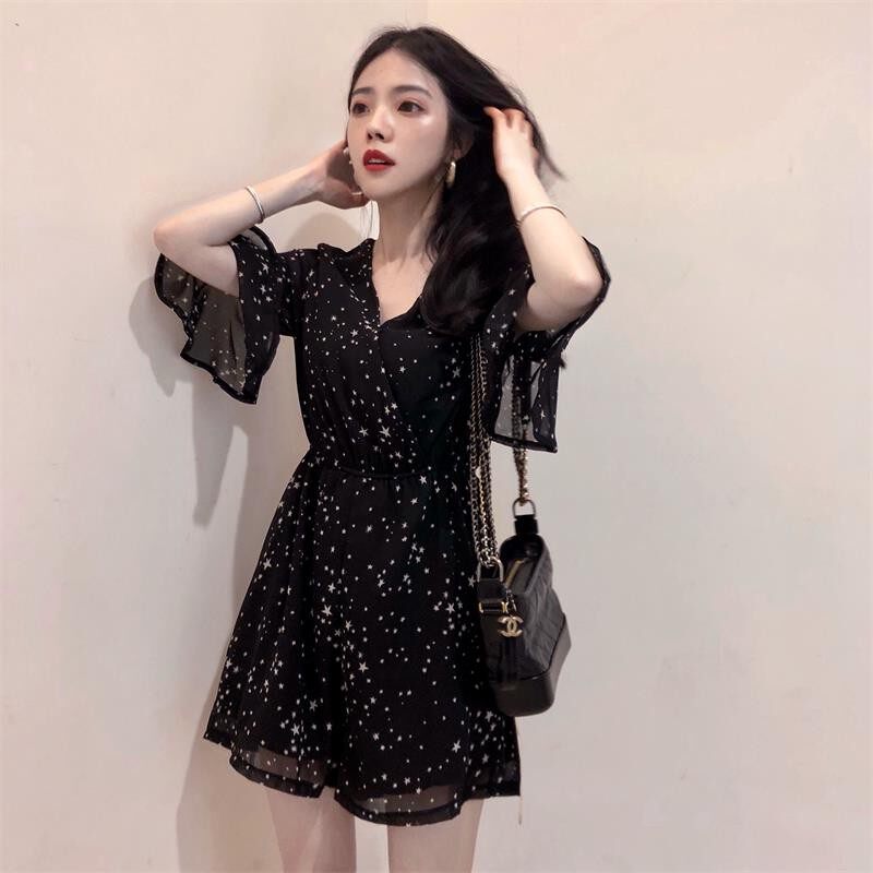 เดรส 连体衣服女装夏季韩版雪纺连体短裤女大码高腰显瘦连身阔腿裤套装  