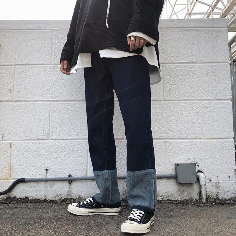 crochet d'origine 2018 automne / hiver nouveaux produits version coréenne de joker tendance épissure lâche bleu adolescents jeans pour hommes crochet d'origine 2018 automne / hiver nouveaux produits version coréenne de joker tendance épissure lâche bleu adolescents jeans pour hommes