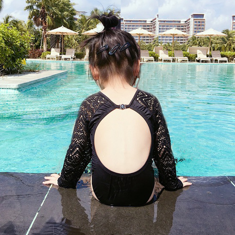 韓國中小童女童防曬長袖連體泳衣女孩寶寶蕾絲度假露背潮兒童泳衣
