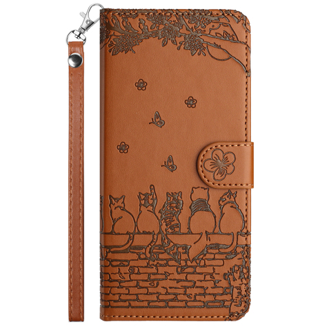 Brown — Embossed Cats On Wall Wallets Folio Flip Magnetic Synthetic Leather Card Holder Folding Stand A54, A34, A24, A14