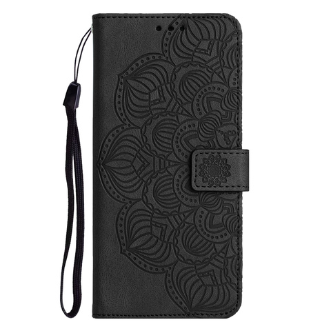 Black — Wallets Folio Flip Magnetic Synthetic Leather Card Holder Folding Stand Embossed Mandala Flower S23, S23 Plus, S23