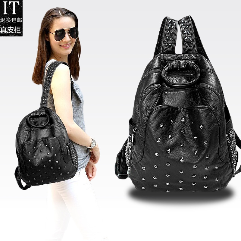 hong kong it2019 nouvelle marée de mode de cuir véritable de rivet sac d'épaule des femmes en peau de mouton joker minimaliste en cuir souple sac à dos version coréenne hong kong it2019 nouvelle marée de mode de cuir véritable de rivet sac d'épaule des femmes en peau de mouton joker minimaliste en cuir souple sac à dos version coréenne