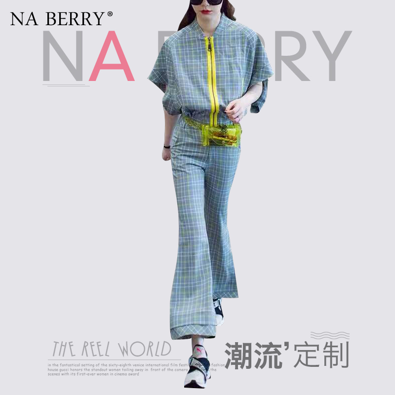 en 2019, le printemps, l'été de nouvelles femmes rayé européenne et américaine de la mode à carreaux taille à manches courtes haut pantalon femmes en deux pièces manchon est monté en 2019, le printemps, l'été de nouvelles femmes rayé européenne et américaine de la mode à carreaux taille à manches courtes haut pantalon femmes en deux pièces manchon est monté