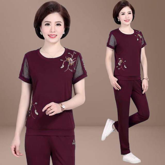 Middle-aged women mother dress short-sleeved summer sports suit female summer casual wear two-piece dress middle-aged female summer Middle-aged women mother dress short-sleeved summer sports suit female summer casual wear two-piece dress middle-aged female summer