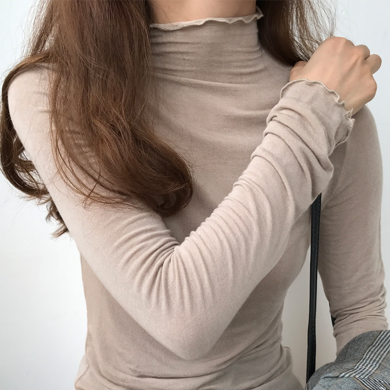 純色長袖T恤女秋鼕2017韓版修身荷葉邊高領打底衫女學生套頭上衣
