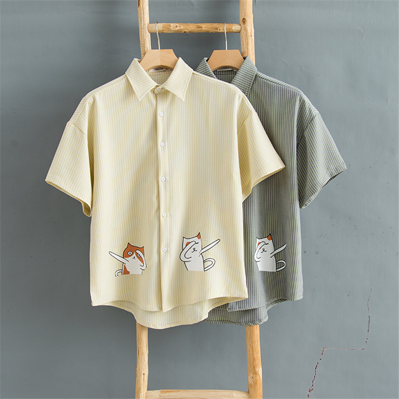 Summer New Hong Kong Windy Japanese cartoon printed striped shirt for men, very fairy blouse, lazy draped chiffon shirt