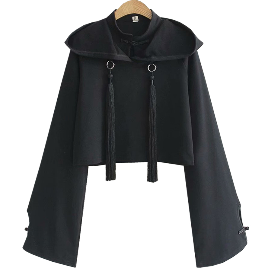 Super Long Sleeve Fake Two Pieces Improved Cheongsam Plate Buckle Retro Chinese Style Dark Series High Waist Short T-Shirt Hooded Hood