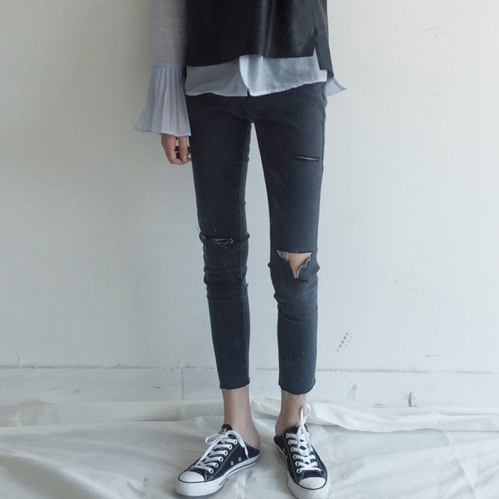 夏季女裝韓國復古煙灰色牛仔褲破洞彈力毛邊小腳褲高腰顯瘦九分褲