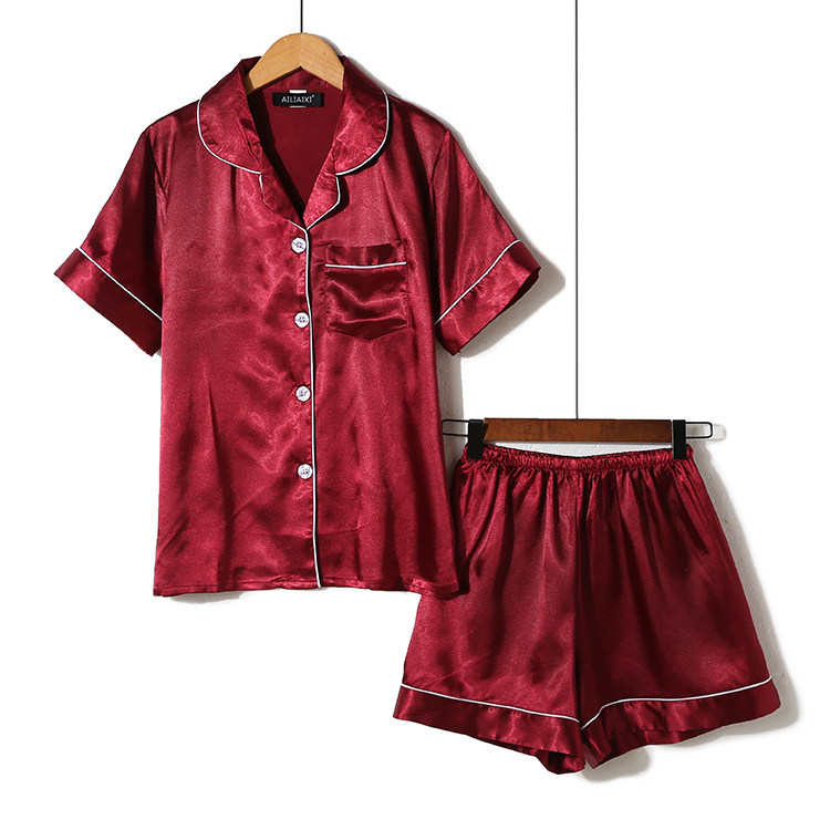 情侣睡衣套装排扣翻领绸缎睡衣+松紧腰短裤休闲舒适家居服2件套夏  