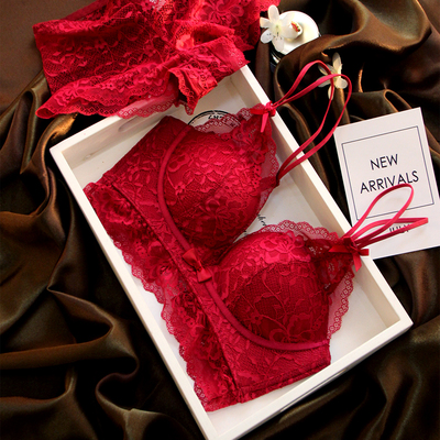 红色本命年无钢圈文胸套装小胸聚拢少女可爱蕾丝刺绣细带内衣奶罩-淘宝网