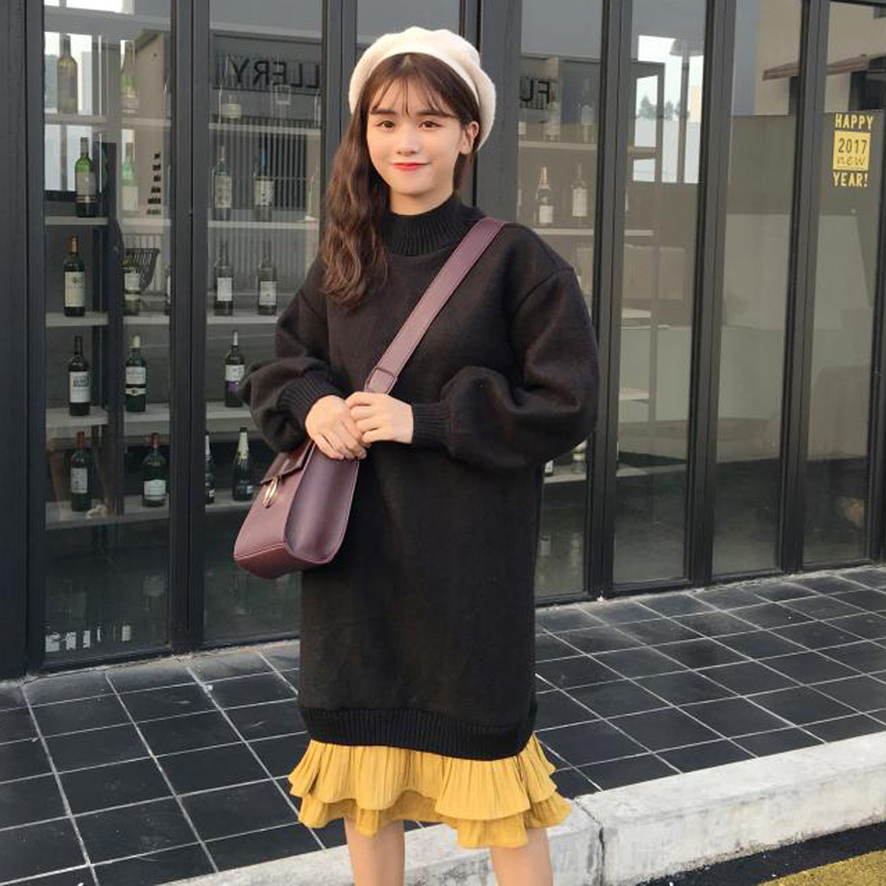 秋鼕女裝新款韓版中長款荷葉邊拼接假兩件加厚寬松長袖連衣裙學生