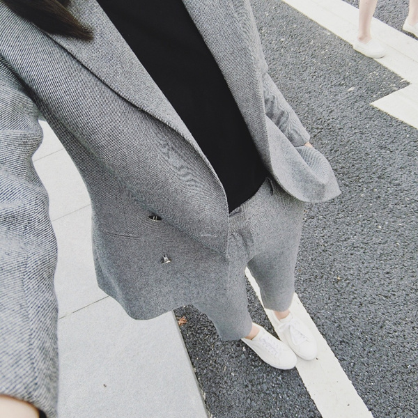 【天天特價】韓國職業鼕裝新款潮西裝套裝女加厚羊毛呢西服兩件套