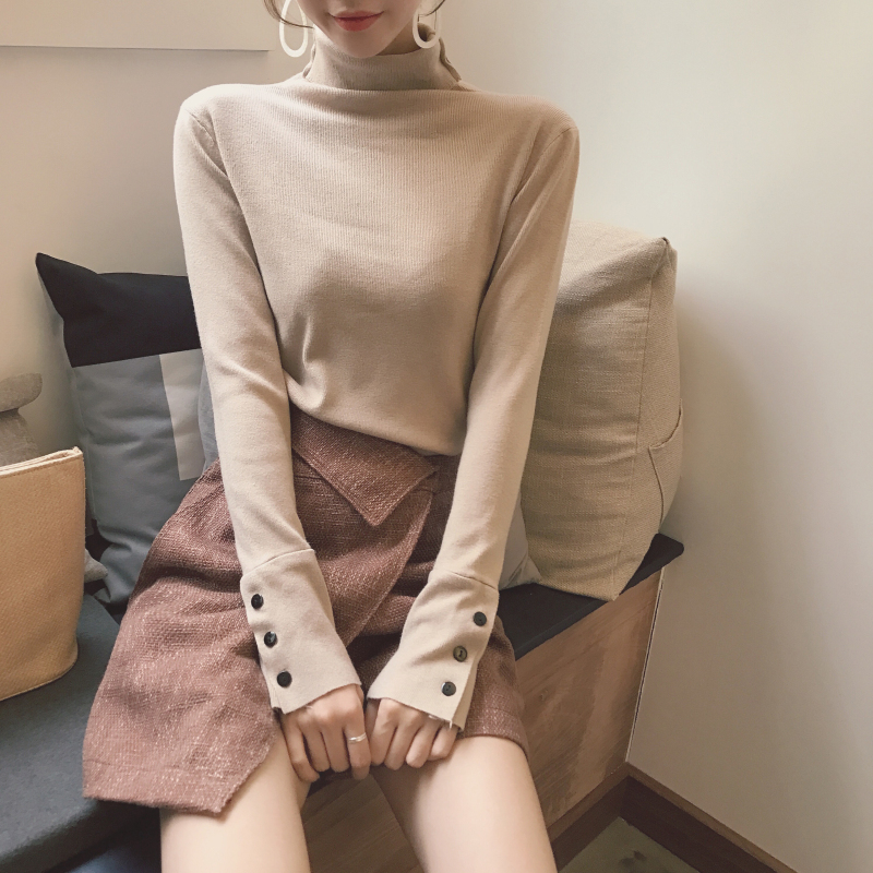 韓國復古chic秋鼕簡約高領打底針織衫修身顯瘦套頭純色長袖毛衣女