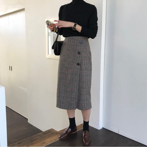 韓國秋鼕復古高腰不規則格紋修身顯瘦半身裙時尚開叉中長款包臀裙