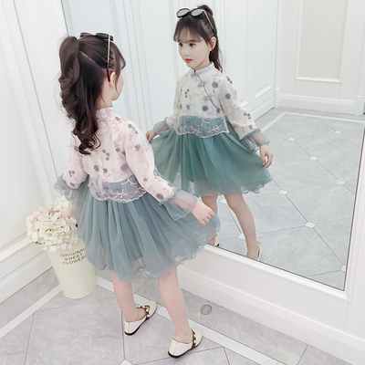 女童连衣裙春装小童公主超洋气中国风儿童演出汉服幼儿园网纱旗袍