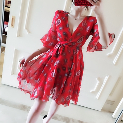苗苗定制气质女超仙印花交叉V领绑带显瘦大摆开摆雪纺连衣裙5091-淘宝网