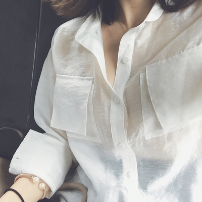 南瓜谷透视大口袋小翻领宽松廓形防晒衫天丝麻白衬衫女新款 C197-淘宝网