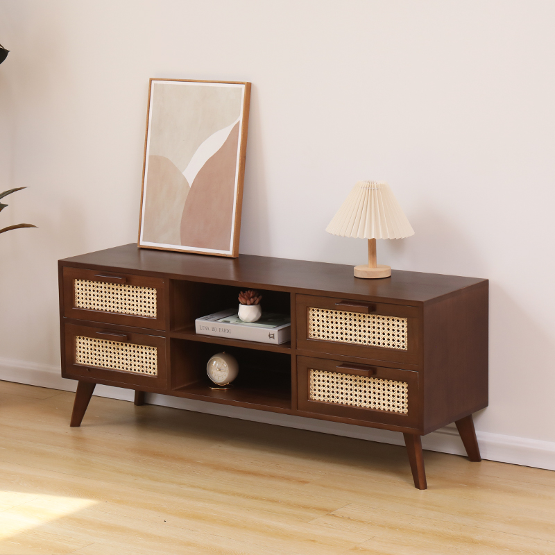 Solid Wood TV Cabinet Simple Modern Nordic Living Room Small Apartment Floor Cabinet Rattan Japanese Style Internet Celebrity Log TV Stand