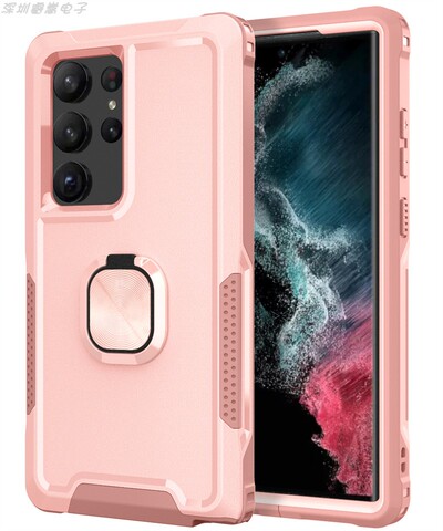 Pink — Tough Shockproof 3 Layer 360 Degrees Full Protection Finger Ring Kickstand S23, S23 Plus, S23 Ultra Samsung Phone Case