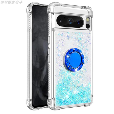 Blue — Girls Shiny Liquid Quicksand Glitter Bling Silicone TPU With Ring Finger Holder Kickstand 8, 8 Pro Google Pixel Phone