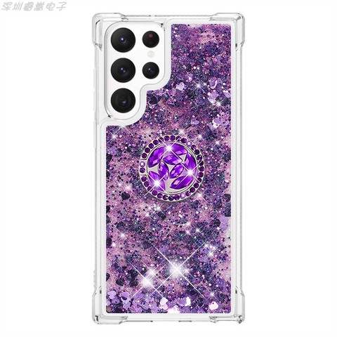 Purple — Liquid Quicksand Girls Shiny Glitter Bling Silicone TPU With Ring Bracket Kickstand S23, S23 Plus, S23 Ultra Samsung