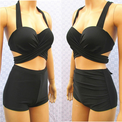 E罩杯大胸分体泳衣女高腰复古比基尼钢托聚拢平角大码欧美泡温泉-淘宝网